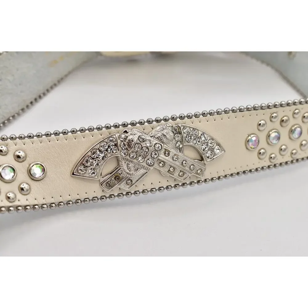 Cream Genuine Leather Rhinestone Western Belt M/L Silver Studded Crystal Y2K